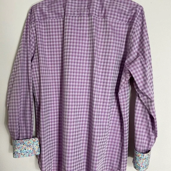 Bugatchi Dress Shirt Men’s Size L Purple Check Flip Turn Contrast Cuff - Picture 4 of 12